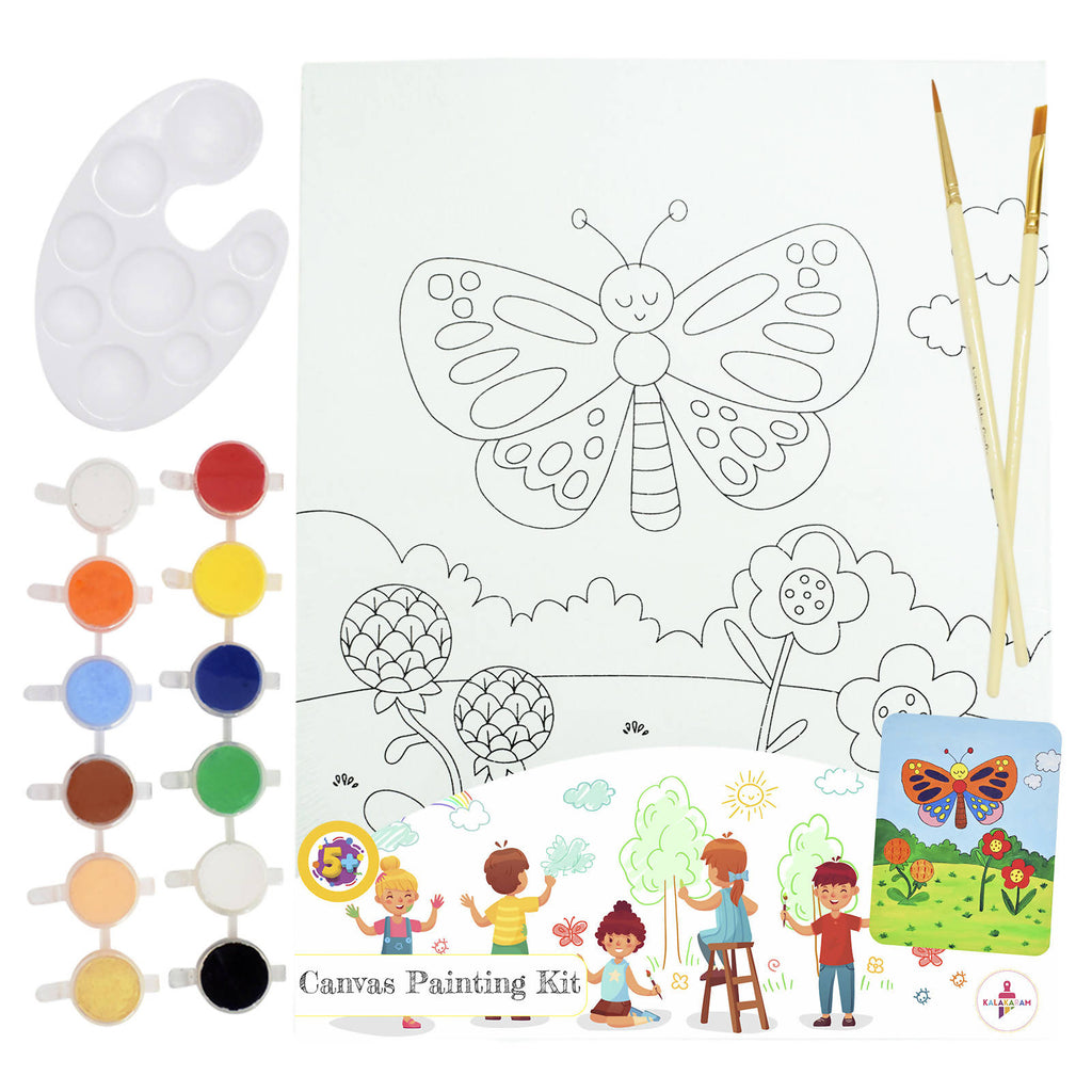 Butterfly Canvas Painting Kit With Printed Canvas Board, With Paints And Brushes