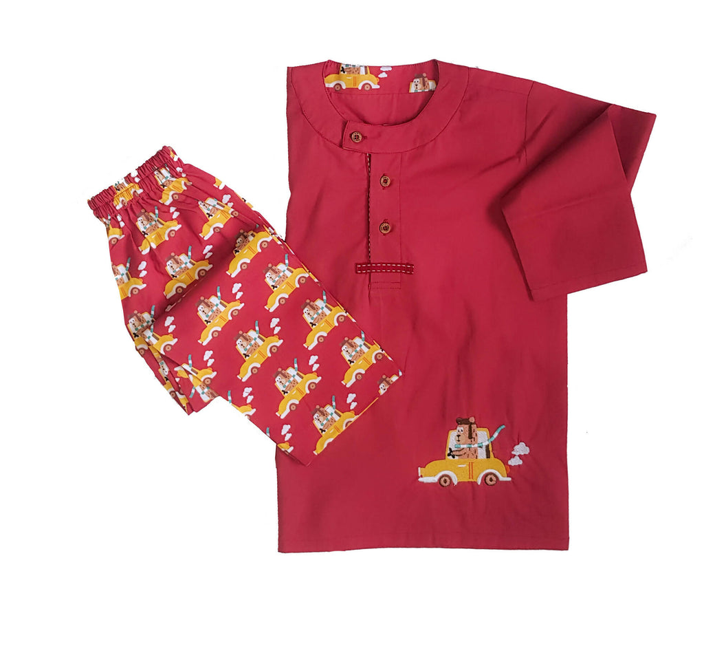 Loungewear - Bear Drive - Regular Collar - Red (Printed Bottom & Top with Embroidery)