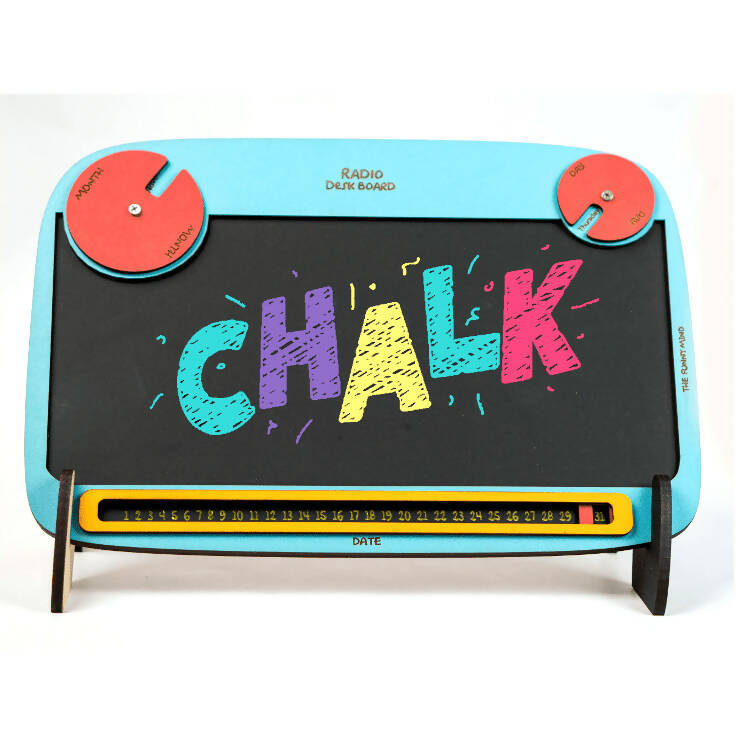 Wooden Multipurpose Radio Black and Blue Chalk Board With Chalk, Duster and Stand
