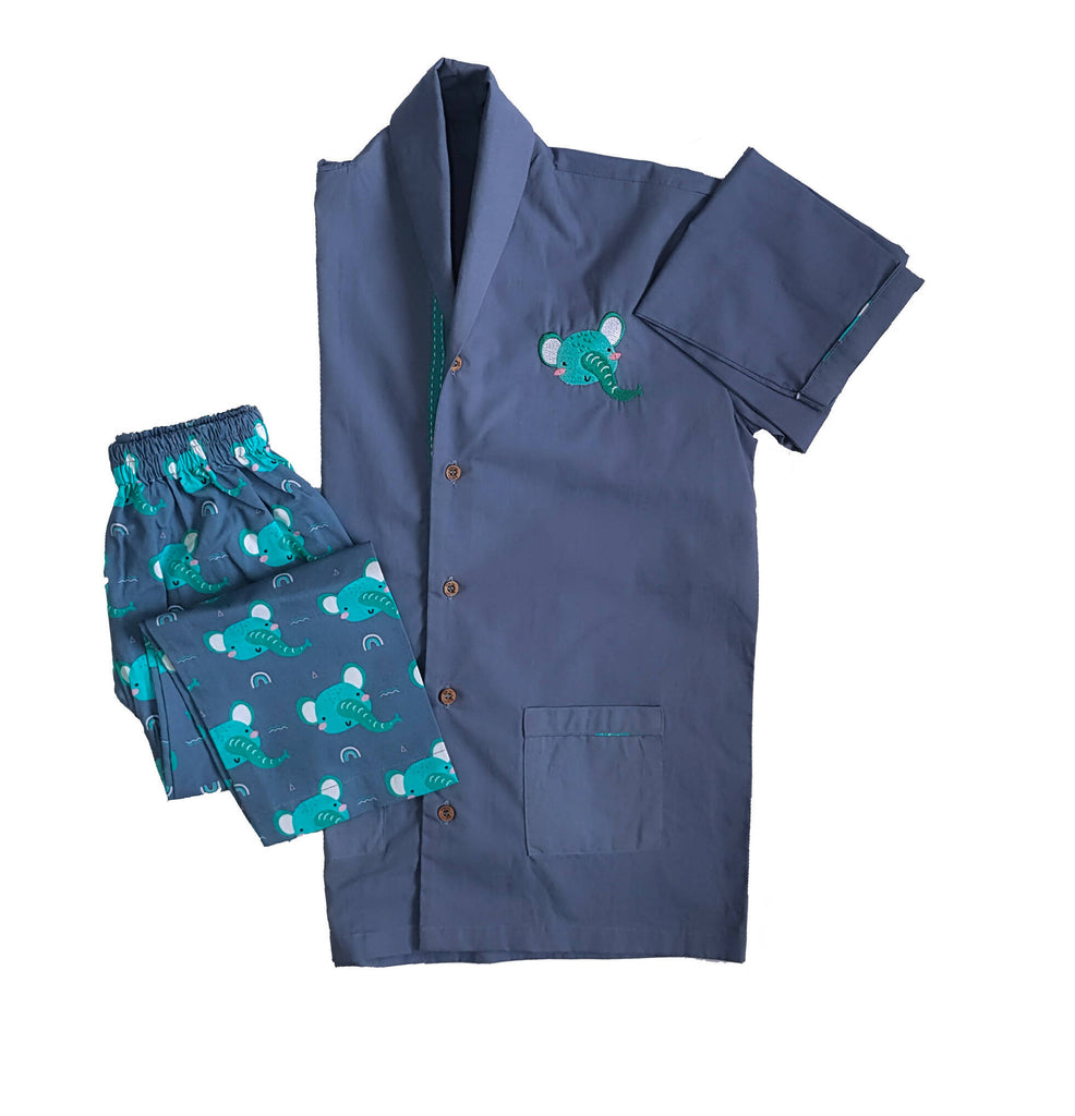 Loungewear - Dumbo dreams - Shawl Collar - Blue (Printed Bottom & Top with Embroidery)