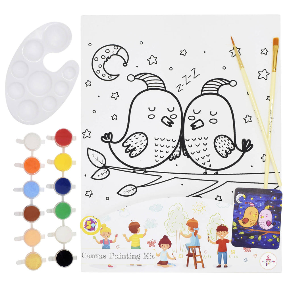 Love Birds Canvas Painting Kit With Printed Canvas Board, Paints And Brushes