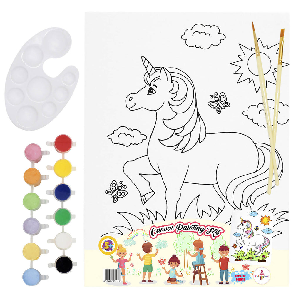 Unicorn Canvas Painting Kit With Printed Canvas Board, With Paints And Brushes