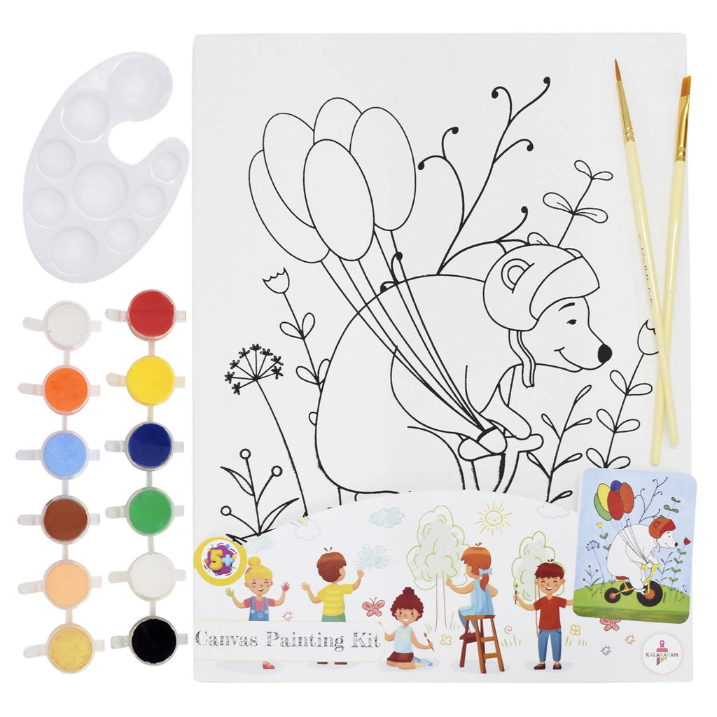 Happy Bear Canvas Painting Kit With Printed Canvas Board, Paints And Brushes