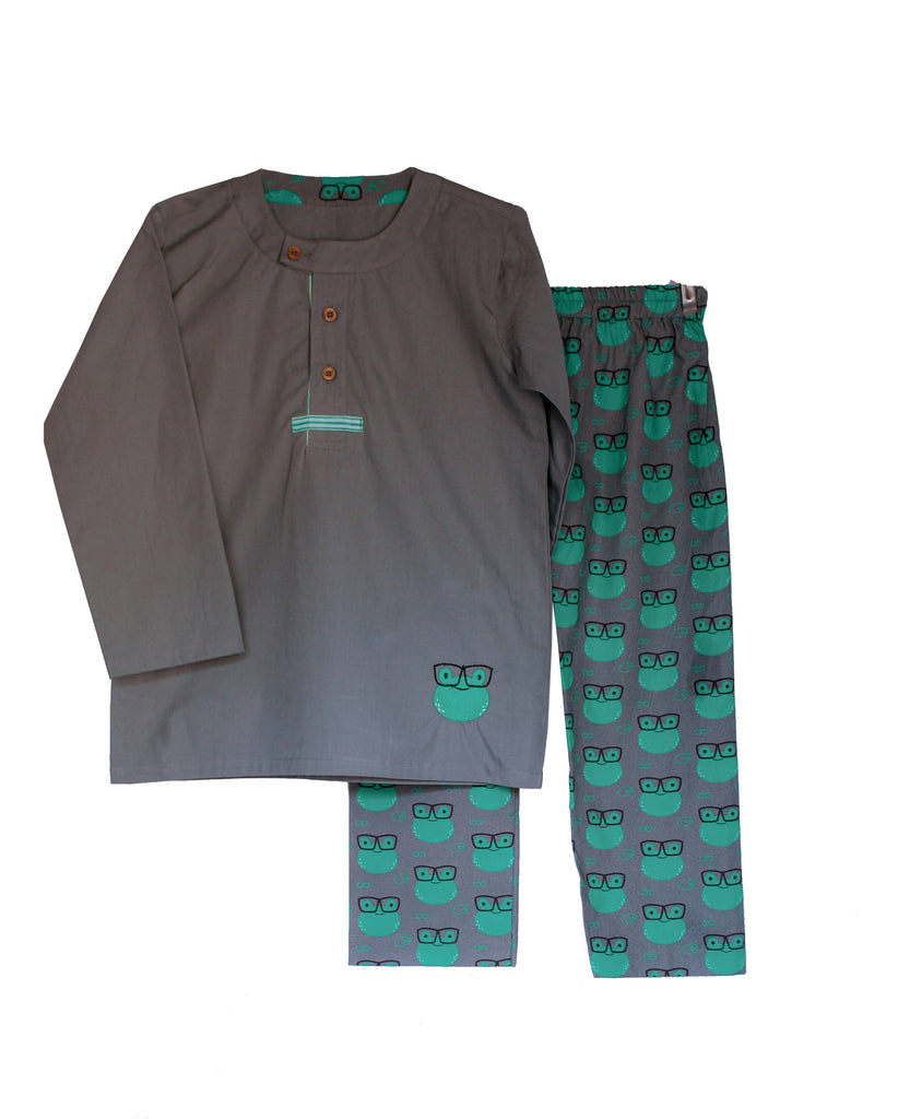 Loungewear - Hippity Hop Froggy - Flat Collar - Grey (Printed Bottom & Top with Embroidery)