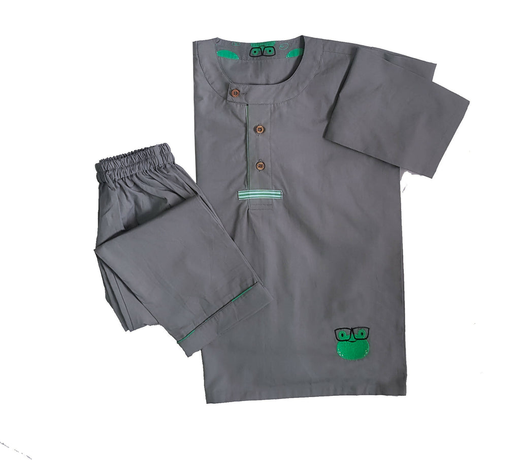 Loungewear - Hippity Hop Froggy - Flat Collar - Grey (Plain Bottom & Top with Embroidery)
