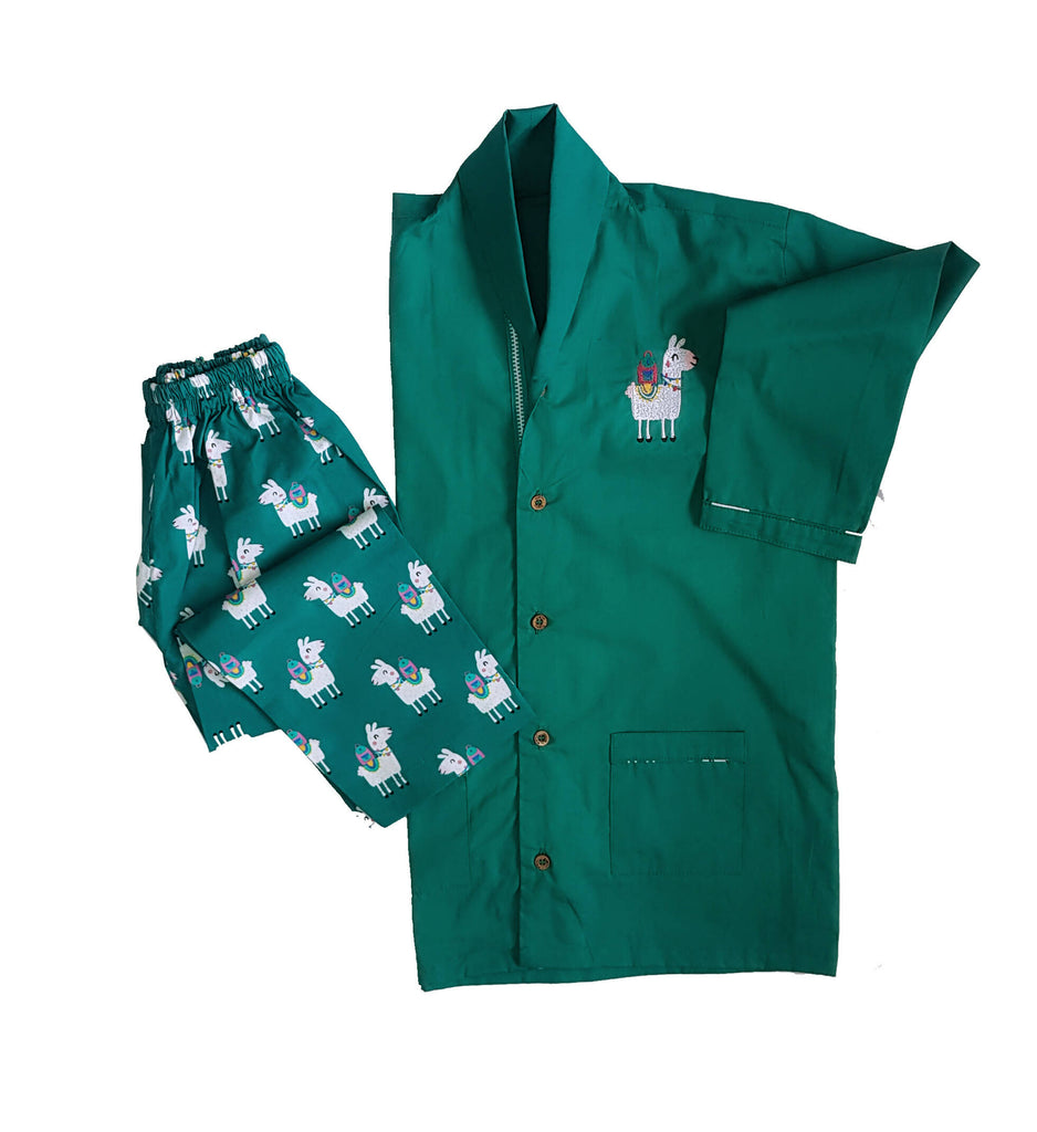 Loungewear - Lazy Lama - Shawl Collar - green (Printed Bottom & Top with Embroidery)