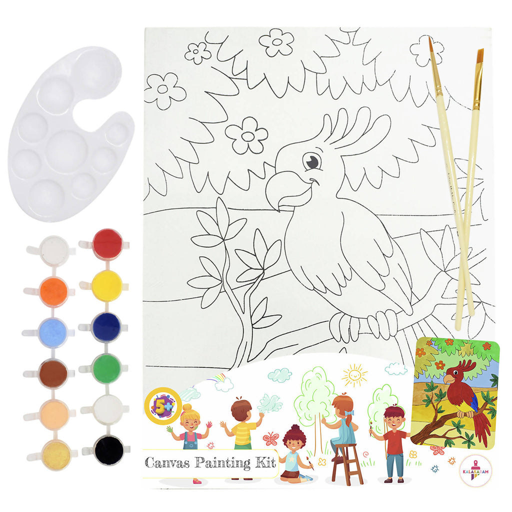 Parrot Canvas Painting Kit With Printed Canvas Board, Paints And Brushes
