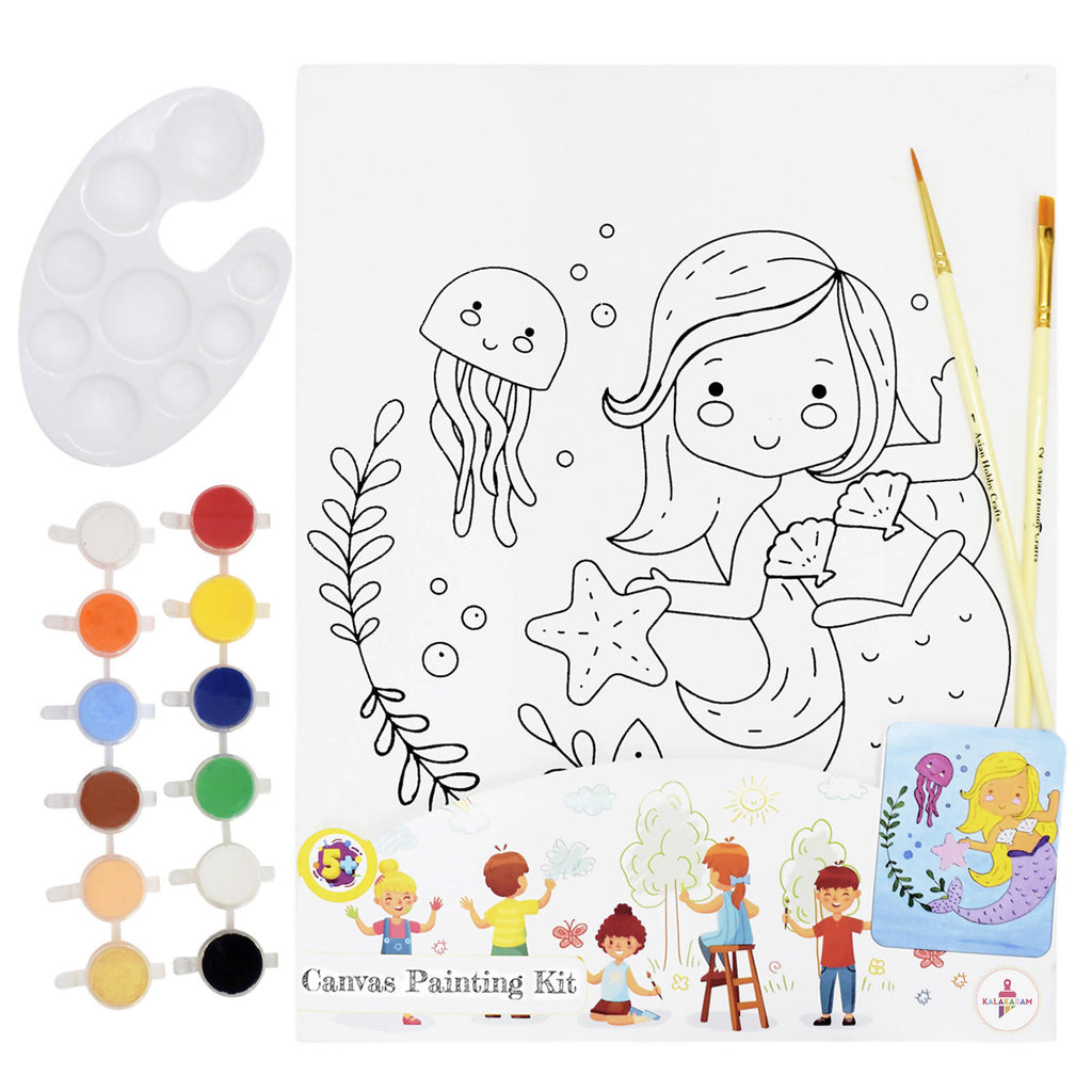 Little Mermaid Canvas Painting Kit With Printed Canvas Board, Paints And Brushes