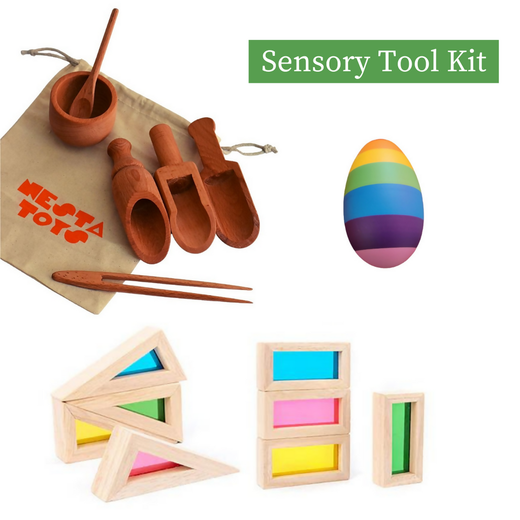 Sensory Tool Kit - Sensory Bin Tools, Egg Shaker, Rainbow Blocks (6+ Months)