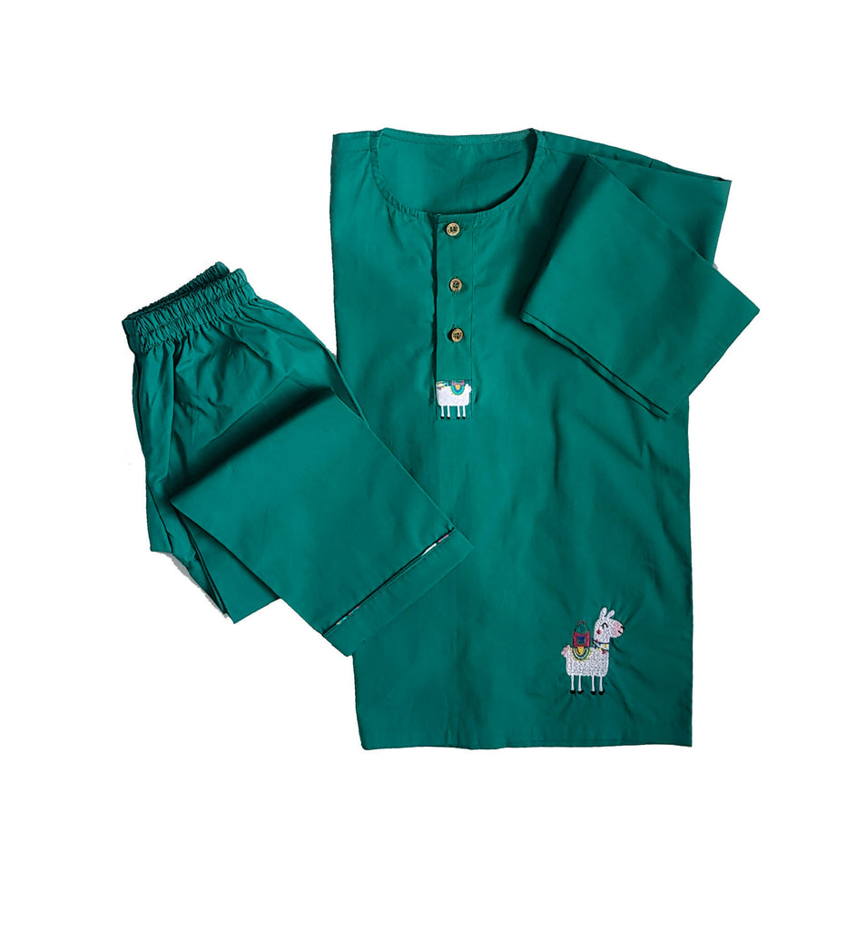 Loungewear- Lazy Lama - Round neck- green (Plain Bottom & Top with Embroidery)