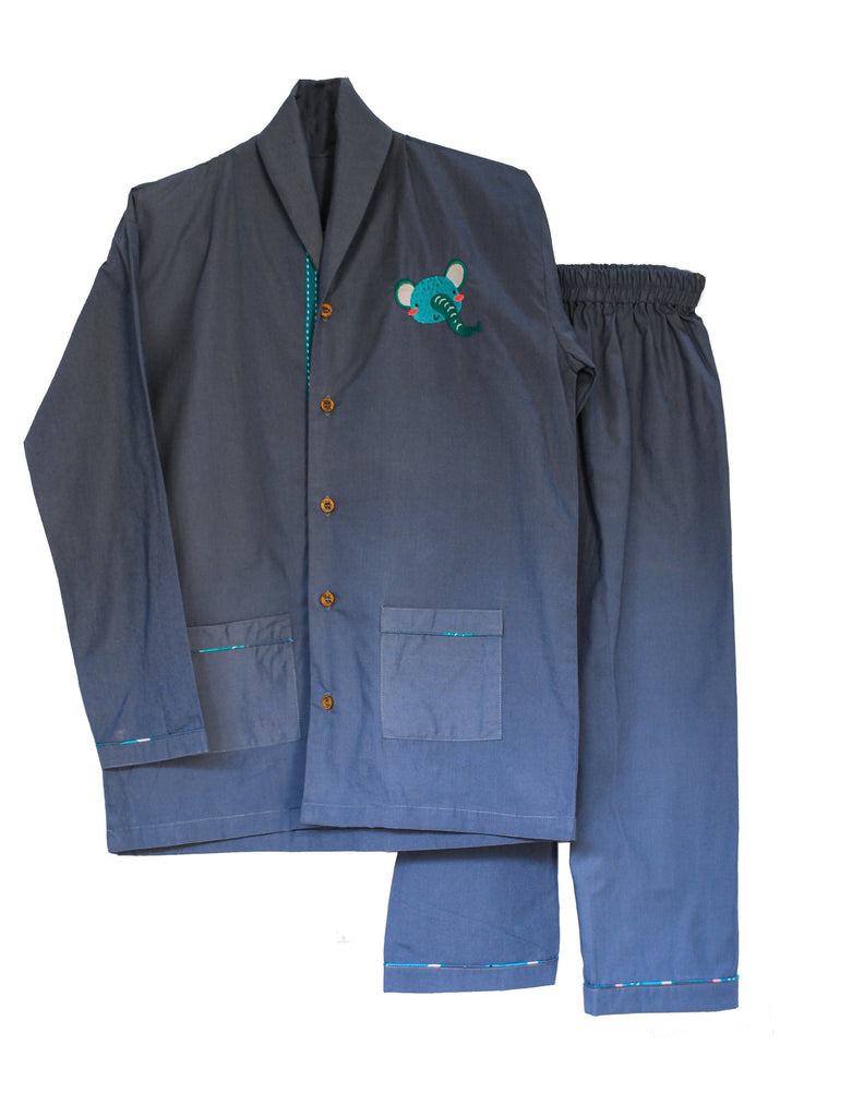 Loungewear - Dumbo dreams - Shawl Collar - Blue (Plain Bottom & Top with Embroidery)