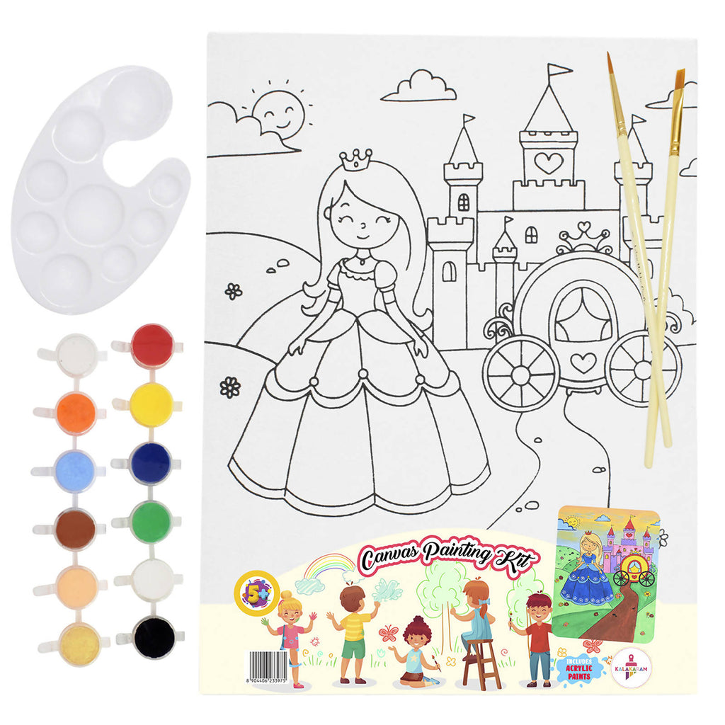 Princess Canvas Painting Kit With Printed Canvas Board, Paints And Brushes