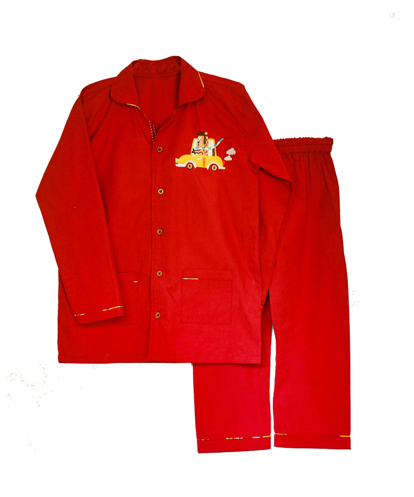Loungewear Bear Drive - Regular Collar - Red (Plain Bottom & Top with Embroidery)