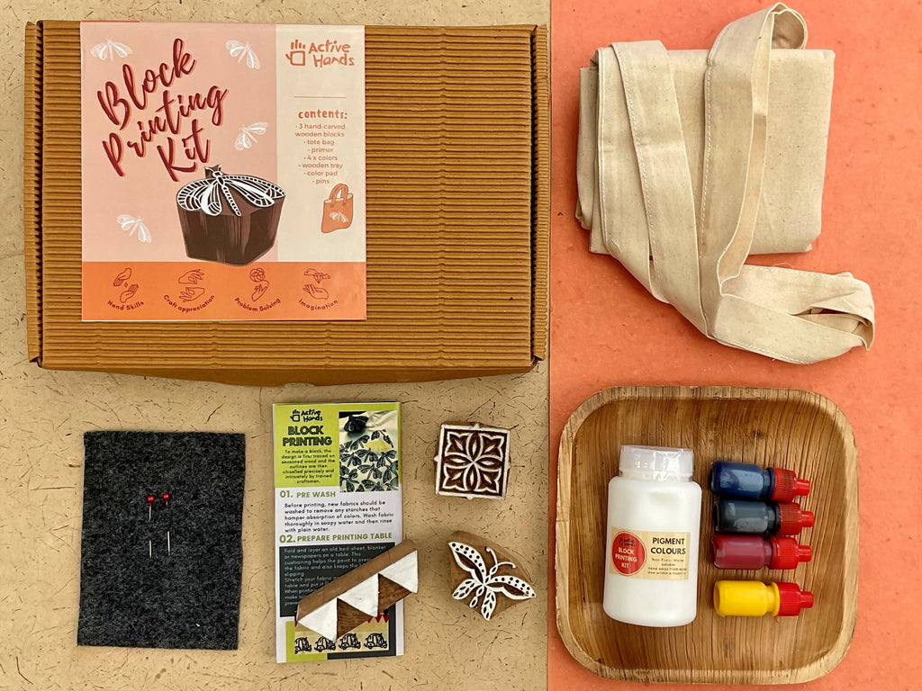 Block Printing Kit With 3 Wooden Blocks, Colours And Tote Bag